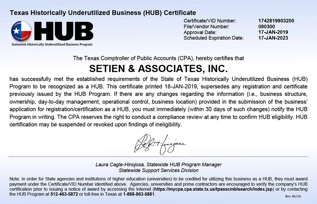 Texas Historically Underutilized Business (HUB) Certificate